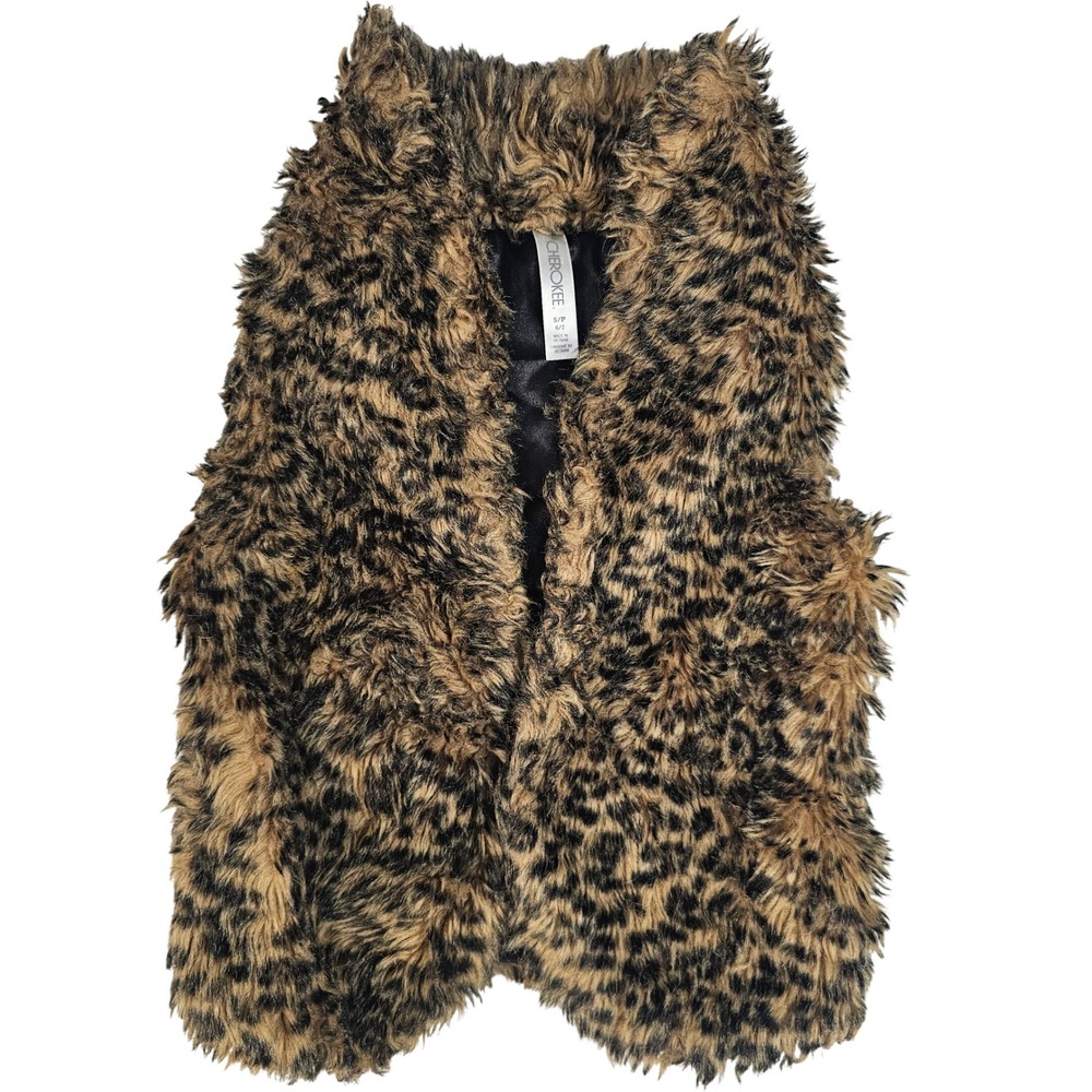 Cherokee Girls Leopard Faux Fur Vest Brown Black Animal Print Size S 6/7